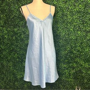 Vtg Y2K 90s Morgan Taylor Satin Blue Chemise Nightgown Slip Dress Lingerie Sz M